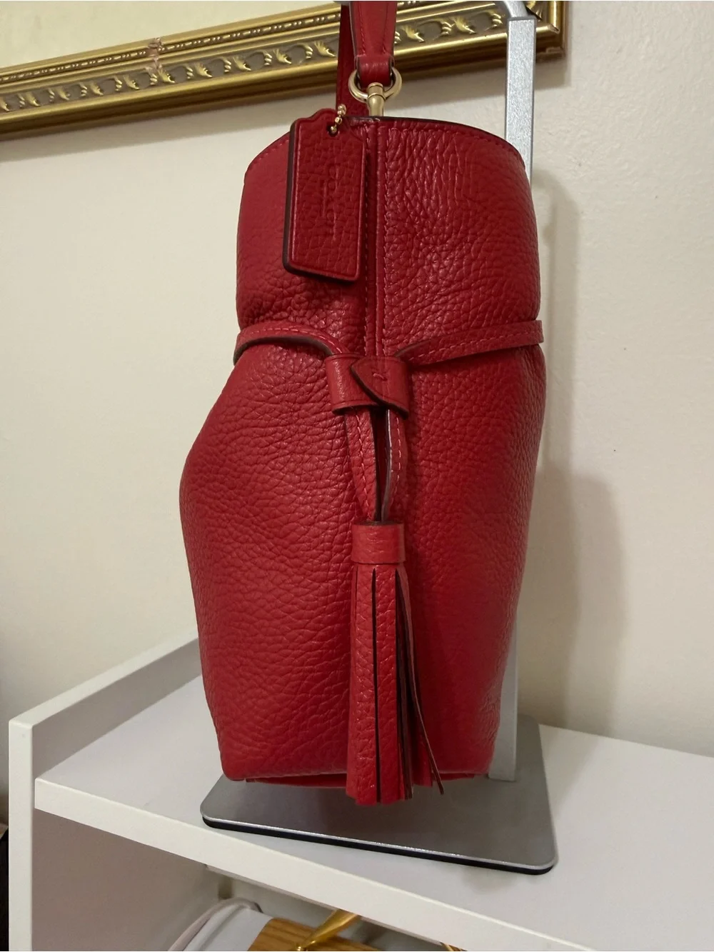 COACH Red Apple Pebbled Leather Hobo with Gold Chain Accent